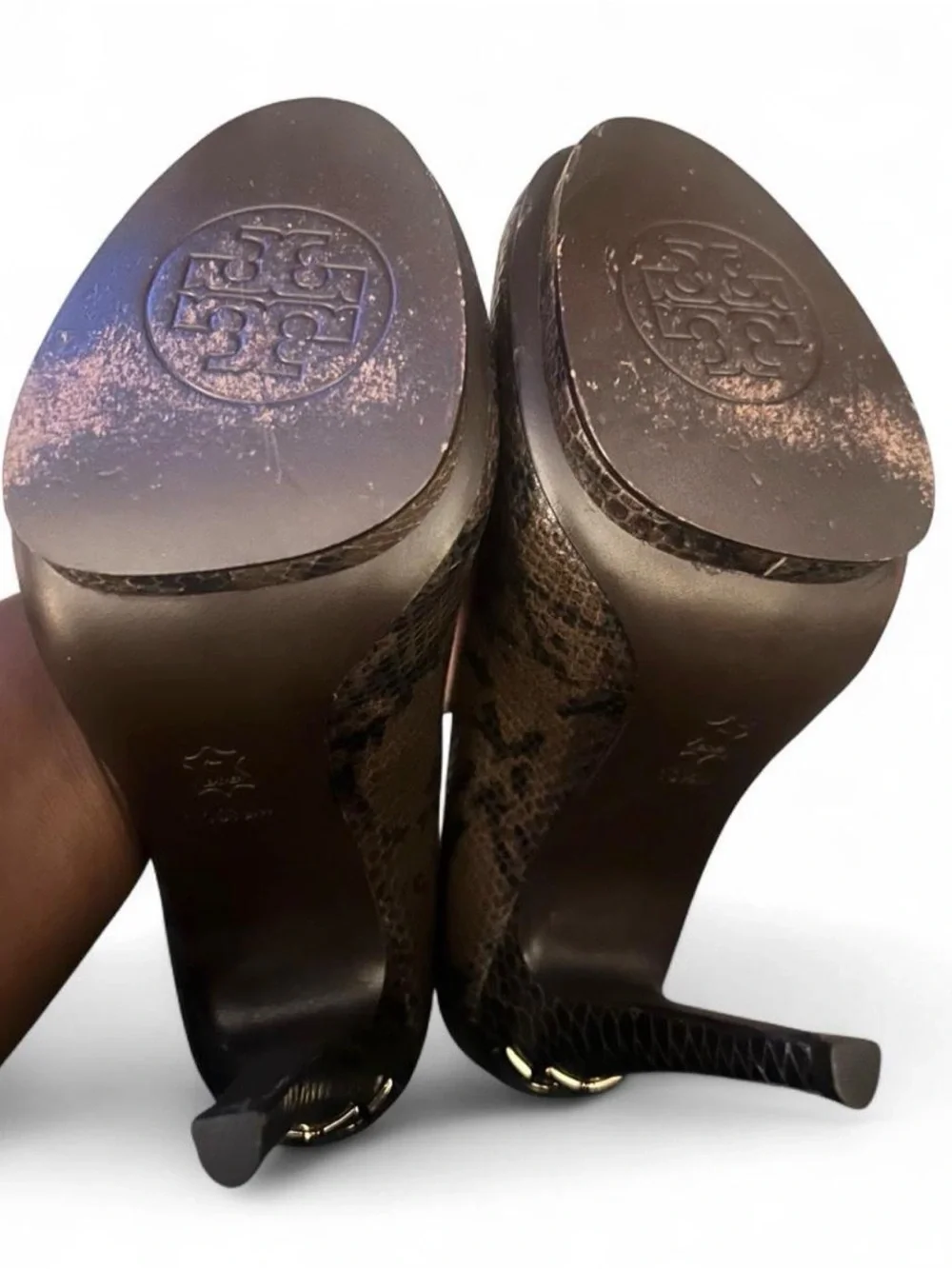 Tory Burch Jude Brown Snake Print Pumps with Gold Logo Heels